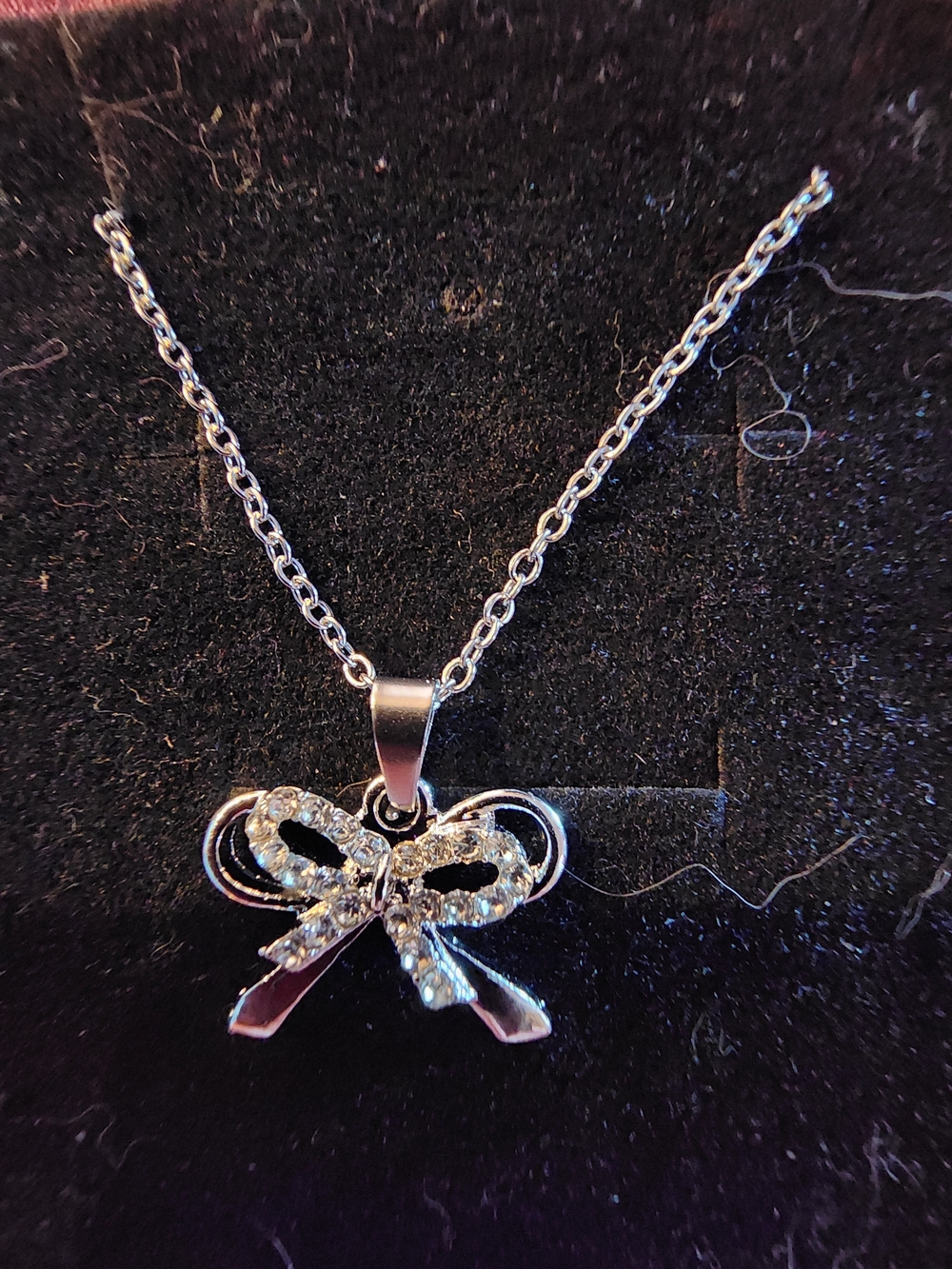 Silver Bow Pendant Necklace with Clear Crystals - Women Jewelry